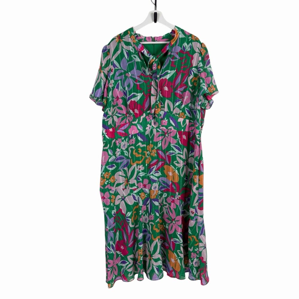 Maggy London Floral Neck Tie Midi Dress 22W Fit Flare Flounce Hem Short Sleeve